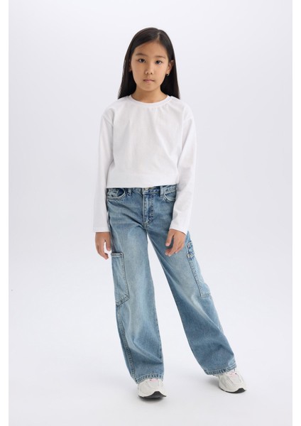 Kız Çocuk Wide Leg Kargo Geniş Paça Jean Pantolon D7386A825SM modelleri