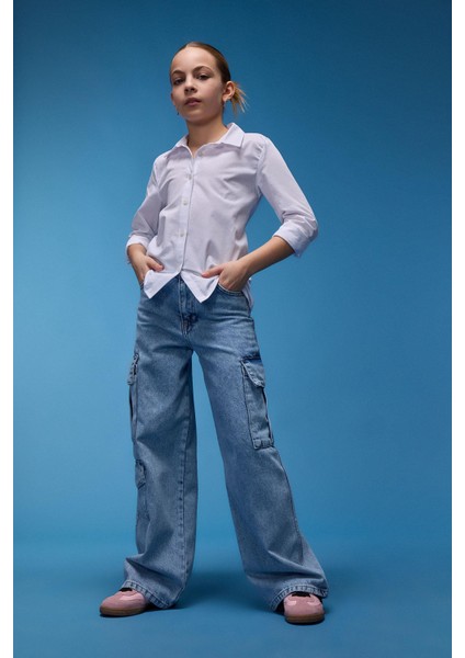 Kız Çocuk Wide Leg Kargo Geniş Paça Pamuklu Jean Pantolon D9694a825sp