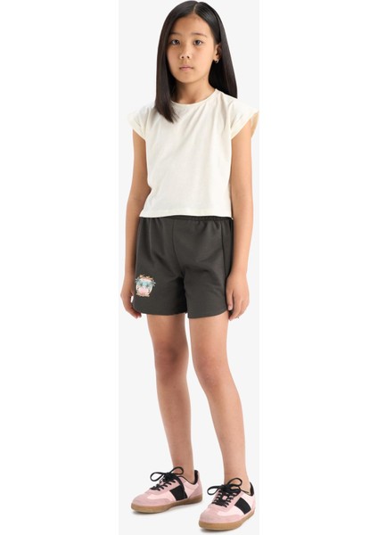 Kız Çocuk Beli Lastikli Baskılı Şort