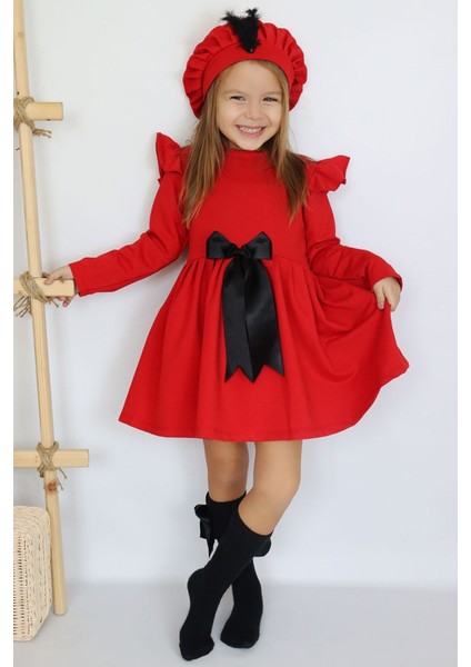 Kız Çocuk Kırmızı Sofia Pamuklu Fiyonk Detaylı Elbise Kep Abiye Takım fırsatları