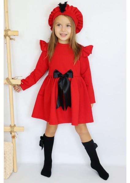 Kız Çocuk Kırmızı Sofia Pamuklu Fiyonk Detaylı Elbise Kep Abiye Takım indirimleri