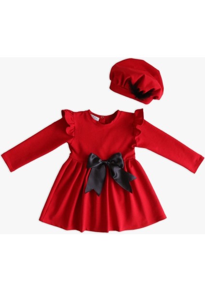 Kız Çocuk Kırmızı Sofia Pamuklu Fiyonk Detaylı Elbise Kep Abiye Takım
