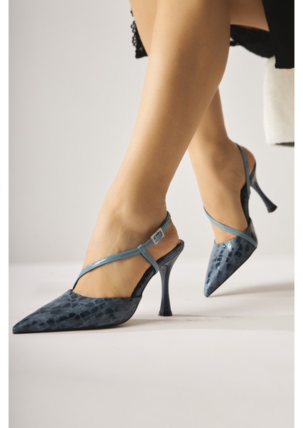 Hakiki Deri Sarah Lacivert Kroko Desenli Sivri Burunlu Topuklu Kadın Ayakkabı fiyatları