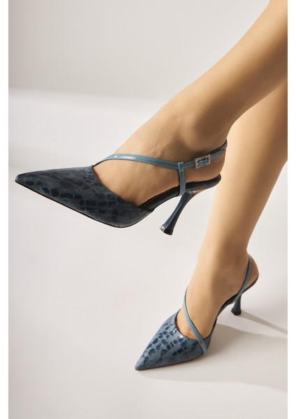 Hakiki Deri Sarah Lacivert Kroko Desenli Sivri Burunlu Topuklu Kadın Ayakkabı modelleri