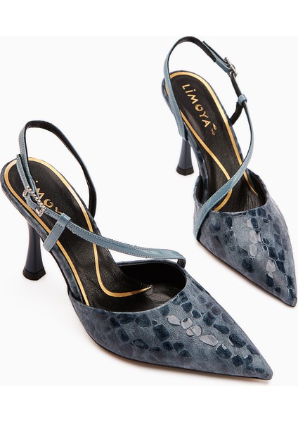 Hakiki Deri Sarah Lacivert Kroko Desenli Sivri Burunlu Topuklu Kadın Ayakkabı fırsatları