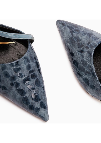 Hakiki Deri Sarah Lacivert Kroko Desenli Sivri Burunlu Topuklu Kadın Ayakkabı indirimleri