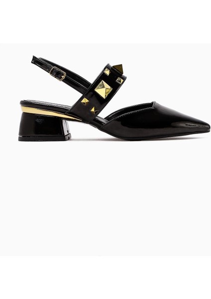 Nicoline Siyah Rugan Sivri Burunlu Piramidal Zımbalı Kalın Bantlı Kısa Topuklu Kadın Ayakkabı modelleri