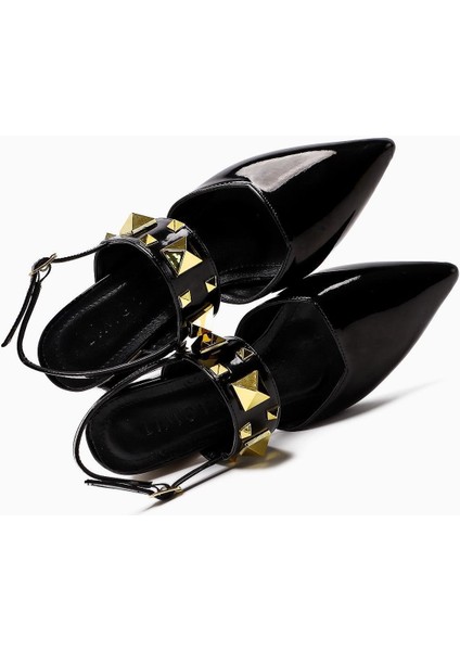 Nicoline Siyah Rugan Sivri Burunlu Piramidal Zımbalı Kalın Bantlı Kısa Topuklu Kadın Ayakkabı fırsatları