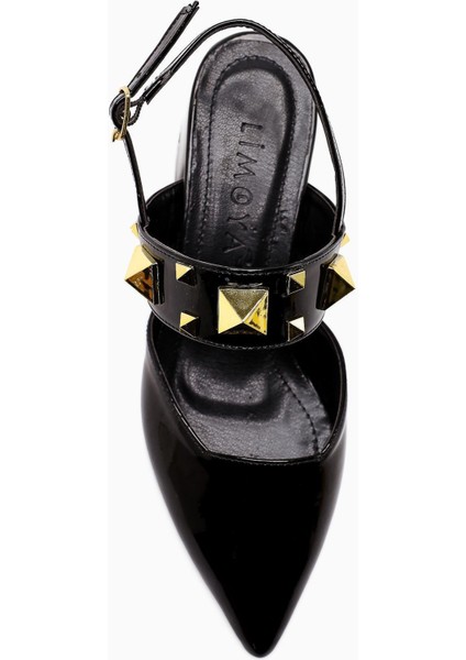 Nicoline Siyah Rugan Sivri Burunlu Piramidal Zımbalı Kalın Bantlı Kısa Topuklu Kadın Ayakkabı indirimleri