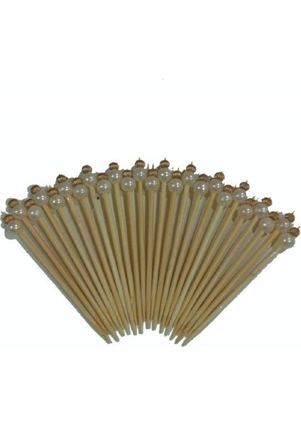 100 Adet Incili Kürdan Pasta Kurabiye Kanepe Ahşap Inci Taç Başlıklı Şık Sunumluk