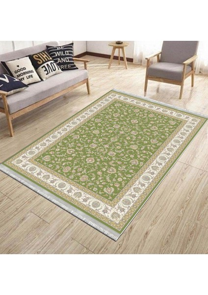 Klasik Yeşil Çiçekli Yıkanabilir Halı Kaymaz Taban Kilim Dot Tabanlı Oturma Odası Halısı 4010F modelleri