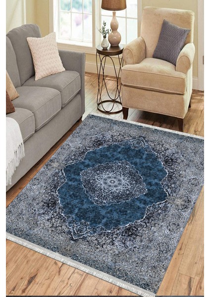 Otantik Mavi Kilim Yıkanabilir Halı Kaymaz Taban Kilim Dot Tabanlı Oturma Odası Halısı 4003C