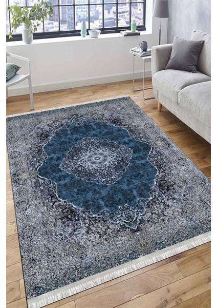 Otantik Mavi Kilim Yıkanabilir Halı Kaymaz Taban Kilim Dot Tabanlı Oturma Odası Halısı 4003C fırsatları