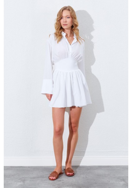 Kadın Ekru Beli Oturtmalı Gömlek Yaka Elbise fiyatları