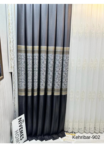 Nivemeshome Kehribar FT614162 Siyah V-902 Pano Fon Perde 1/3 Sık Pileli Perde Apm