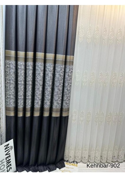 Nivemeshome Kehribar FT614162 Siyah V-902 Pano Fon Perde 1/3 Sık Pileli Perde Apm indirimleri