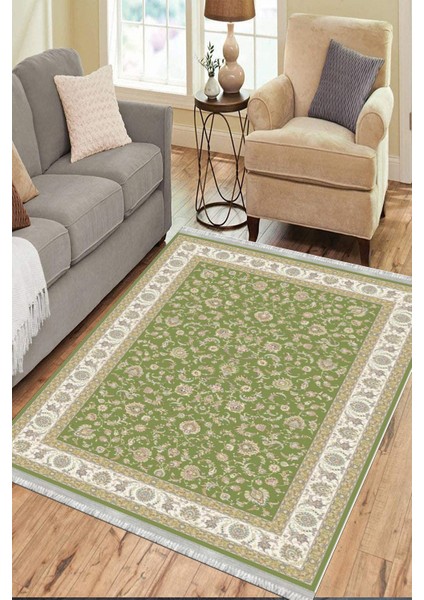 Klasik Yeşil Çiçekli Yıkanabilir Halı Kaymaz Taban Kilim Dot Tabanlı Oturma Odası Halısı 4010F