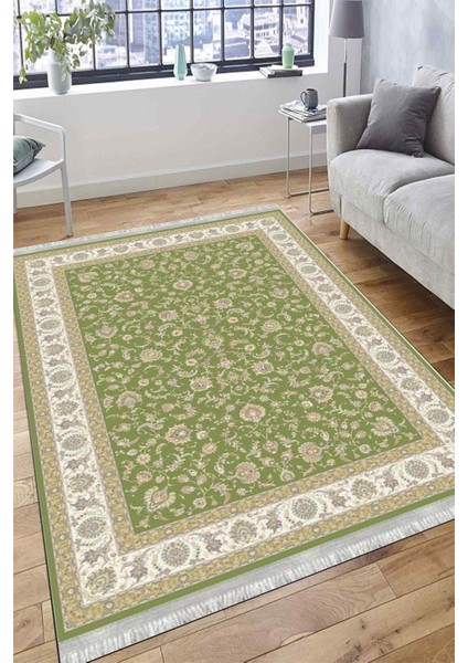 Klasik Yeşil Çiçekli Yıkanabilir Halı Kaymaz Taban Kilim Dot Tabanlı Oturma Odası Halısı 4010F fırsatları