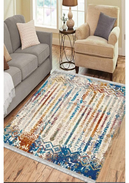 Çizgili Otantik Yolluk Yıkanabilir Halı Kaymaz Taban Kilim Dot Tabanlı Oturma Odası Halısı 4021A