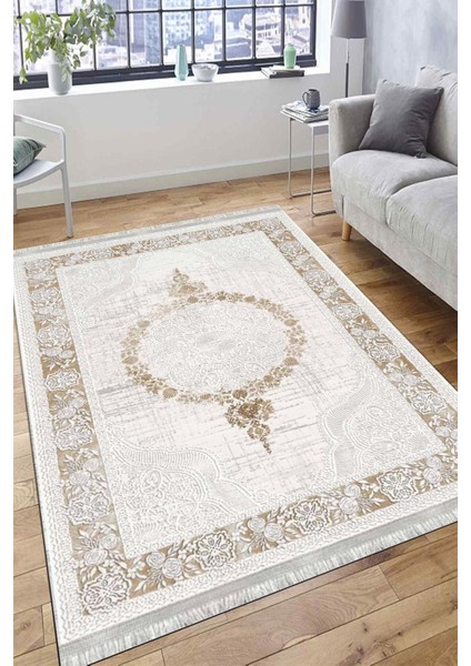 Klasik Bej Kilim Yıkanabilir Halı Kaymaz Taban Kilim Dot Tabanlı Oturma Odası Halısı 4007A fırsatları