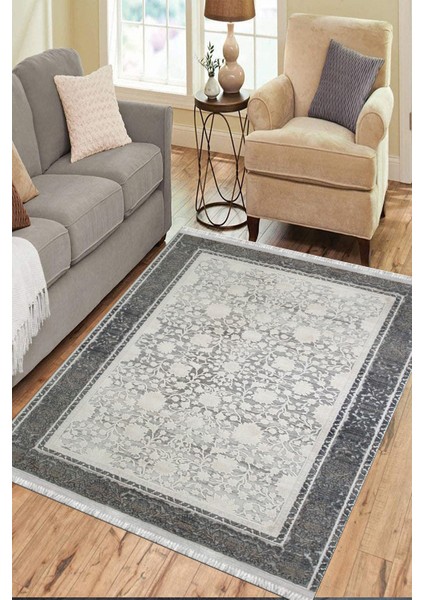 Antrasit Çiçekli Yolluk Yıkanabilir Halı Kaymaz Taban Kilim Dot Tabanlı Oturma Odası Halısı 4012A