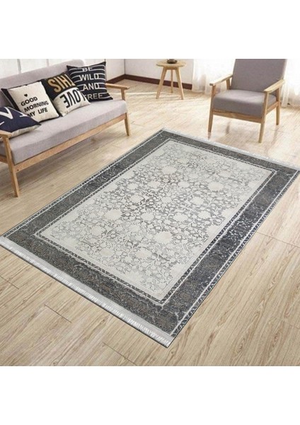 Antrasit Çiçekli Yolluk Yıkanabilir Halı Kaymaz Taban Kilim Dot Tabanlı Oturma Odası Halısı 4012A modelleri