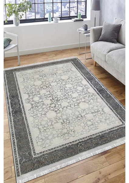 Antrasit Çiçekli Yolluk Yıkanabilir Halı Kaymaz Taban Kilim Dot Tabanlı Oturma Odası Halısı 4012A fırsatları