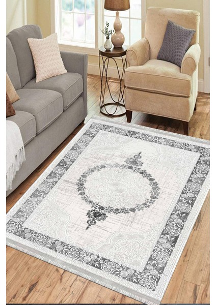Klasik Gri Kilim Yıkanabilir Halı Kaymaz Taban Kilim Dot Tabanlı Oturma Odası Halısı 4007D