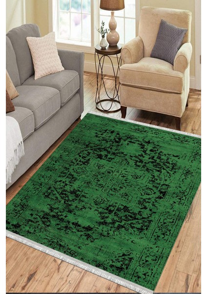 Yeşil Figürlü Halı Kaymaz Taban Kilim Yıkanabilir Yolluk Dot Tabanlı Salon Halısı 4119F