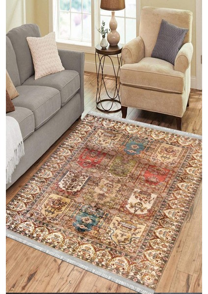 Kahverengi Otantik Halı Yıkanabilir Halı Kaymaz Taban Kilim Dot Tabanlı Oturma Odası Halısı 4061A