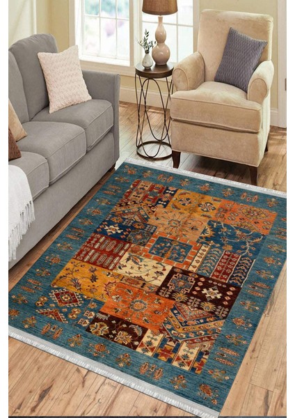 Yeşil Otantik Halı Yıkanabilir Halı Kaymaz Taban Kilim Dot Tabanlı Oturma Odası Halısı 4028A