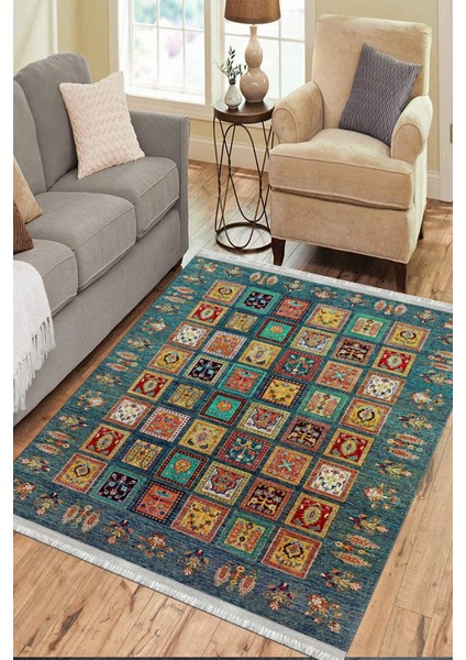 Yeşil Otantik Yolluk Yıkanabilir Halı Kaymaz Taban Kilim Dot Tabanlı Oturma Odası Halısı 4013A