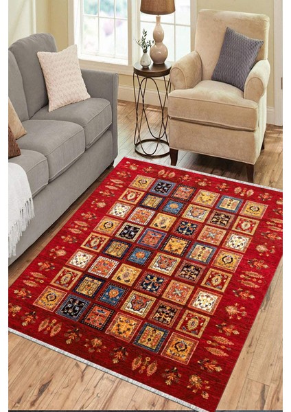 Kırmızı Otantik Yolluk Yıkanabilir Halı Kaymaz Taban Kilim Dot Tabanlı Oturma Odası Halısı 4013B