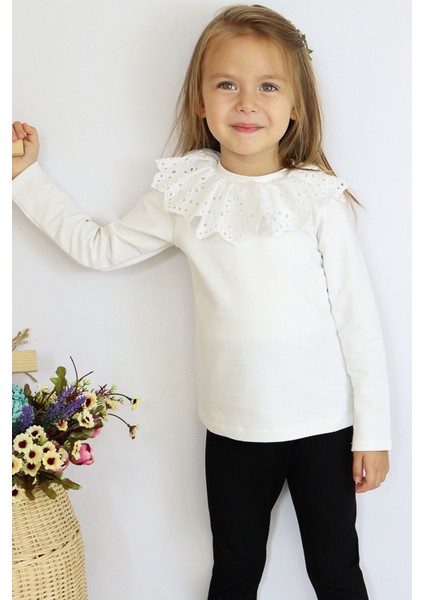 Kız Çocuk Ekru Uzun Kollu Bisiklet Yaka Fisto Detaylı 23 Nisan Body Bluz