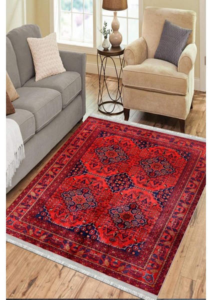 Kırmızı Vintage Desen Kaymaz Taban Kilim Yıkanabilir Yolluk Dot Tabanlı Oturma Odası Halısı 4067A