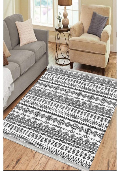 Siyah Beyaz Geometrik Kaymaz Taban Kilim Yıkanabilir Yolluk Dokuma Tabanlı Oturma Odası Halısı 4101A