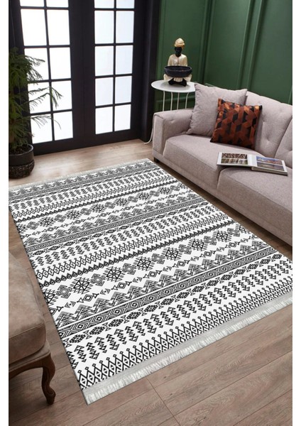 Siyah Beyaz Geometrik Kaymaz Taban Kilim Yıkanabilir Yolluk Dokuma Tabanlı Oturma Odası Halısı 4101A fiyatları