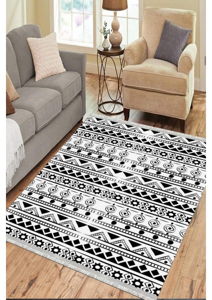 Siyah Beyaz Geometrik Kaymaz Taban Kilim Yıkanabilir Yolluk Dot Tabanlı Oturma Odası Halısı 4097A