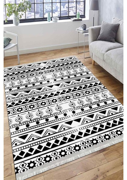 Siyah Beyaz Geometrik Kaymaz Taban Kilim Yıkanabilir Yolluk Dot Tabanlı Oturma Odası Halısı 4097A fırsatları