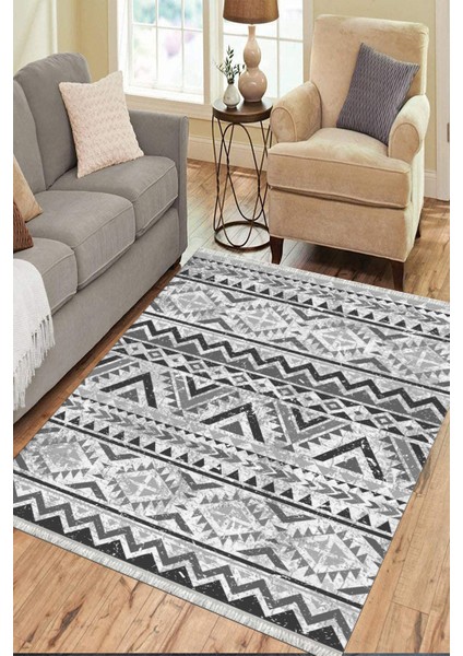Siyah Beyaz Geometrik Kaymaz Taban Kilim Yıkanabilir Yolluk Dot Tabanlı Oturma Odası Halısı 4097B
