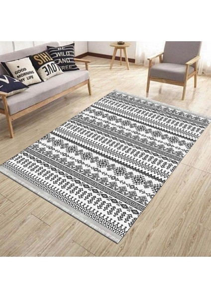 Siyah Beyaz Geometrik Kaymaz Taban Kilim Yıkanabilir Yolluk Dokuma Tabanlı Oturma Odası Halısı 4101A modelleri