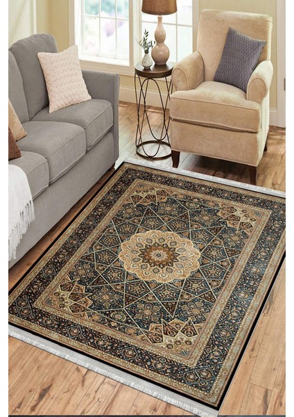 Klasik Figürlü Halı Kaymaz Taban Kilim Yıkanabilir Yolluk Dot Tabanlı Salon Halısı 4115B