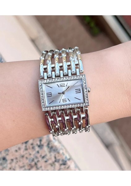 Işıltılı Taş Işlemeli Dikdörtgen Kadran Bileklik Saat
