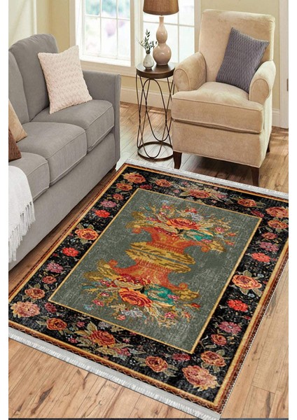 Yeşil Figürlü Vintage Kaymaz Taban Kilim Yıkanabilir Yolluk Dot Tabanlı Oturma Odası Halısı 4093A