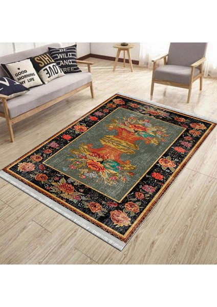 Yeşil Figürlü Vintage Kaymaz Taban Kilim Yıkanabilir Yolluk Dot Tabanlı Oturma Odası Halısı 4093A modelleri