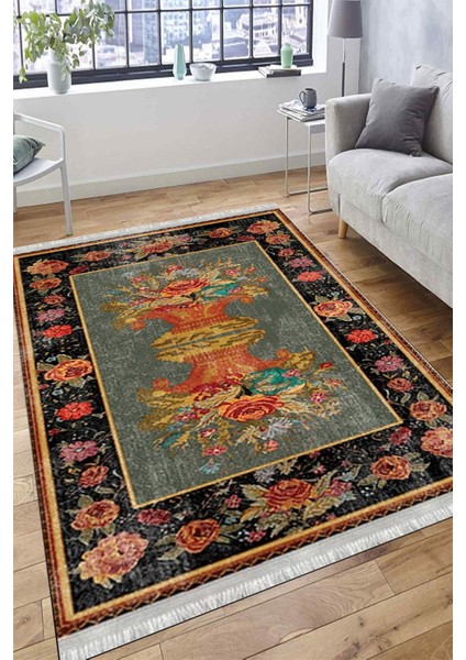 Yeşil Figürlü Vintage Kaymaz Taban Kilim Yıkanabilir Yolluk Dot Tabanlı Oturma Odası Halısı 4093A fırsatları