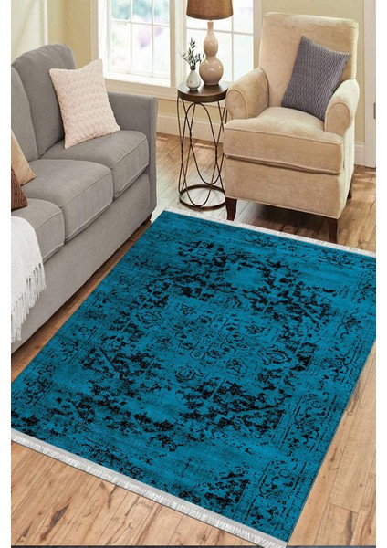 Lacivert Figürlü Halı Kaymaz Taban Kilim Yıkanabilir Yolluk Dot Tabanlı Salon Halısı 4119C