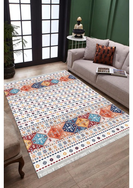 Beyaz Otantik Desenli Halı Kaymaz Taban Kilim Yıkanabilir Yolluk Dot Tabanlı Salon Halısı 4151A fiyatları