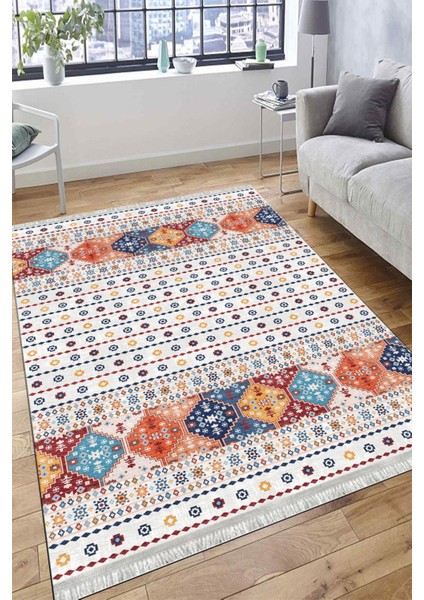 Beyaz Otantik Desenli Halı Kaymaz Taban Kilim Yıkanabilir Yolluk Dot Tabanlı Salon Halısı 4151A fırsatları