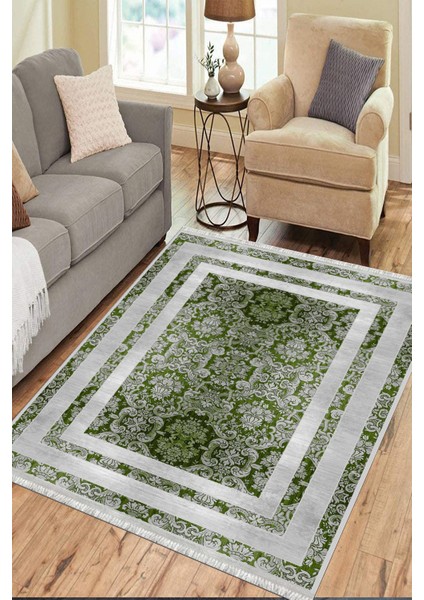 Yeşil Klasik Desen Kaymaz Taban Kilim Yıkanabilir Yolluk Dot Tabanlı Salon Halısı 4164D